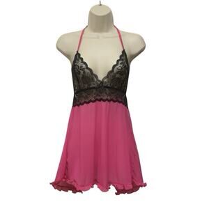 Dreamgirl Y2K Hot Pink Black Lace Halter Babydoll O/S Sheer Split Back Ruffle